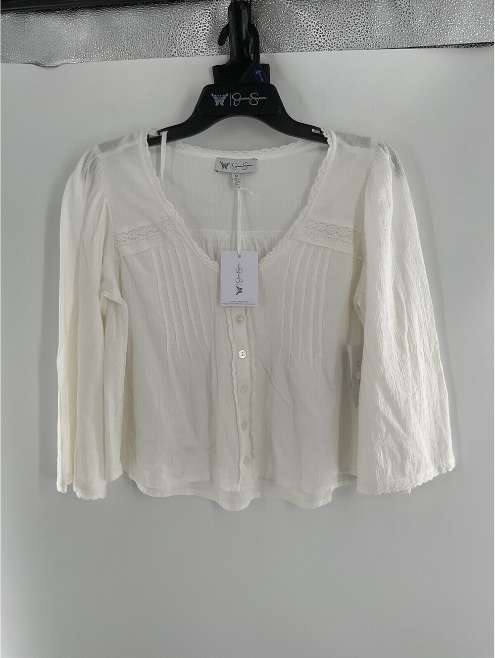 Jessica Simpson Women’s White Blouse Lace Neckline Three-Quarter Sleeve XS 030